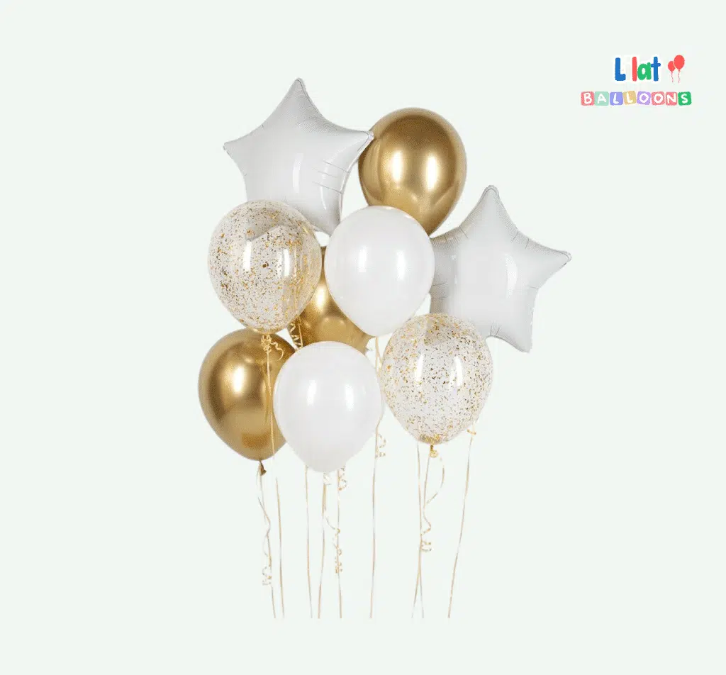 თეთრი და ოქროსფერი სეტი ვარსკვლავებით