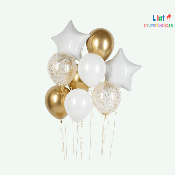 თეთრი და ოქროსფერი სეტი ვარსკვლავებით