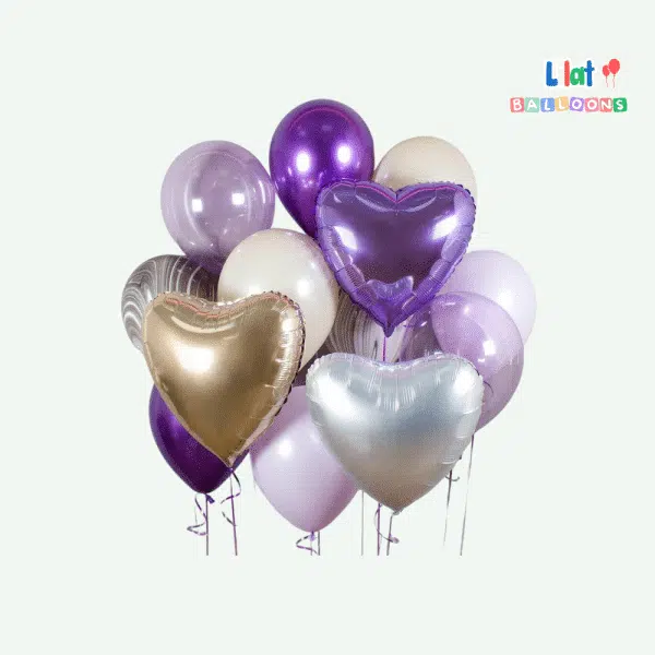 ფერადი სეტი გულებით. ჰელიუმის ბუშტები